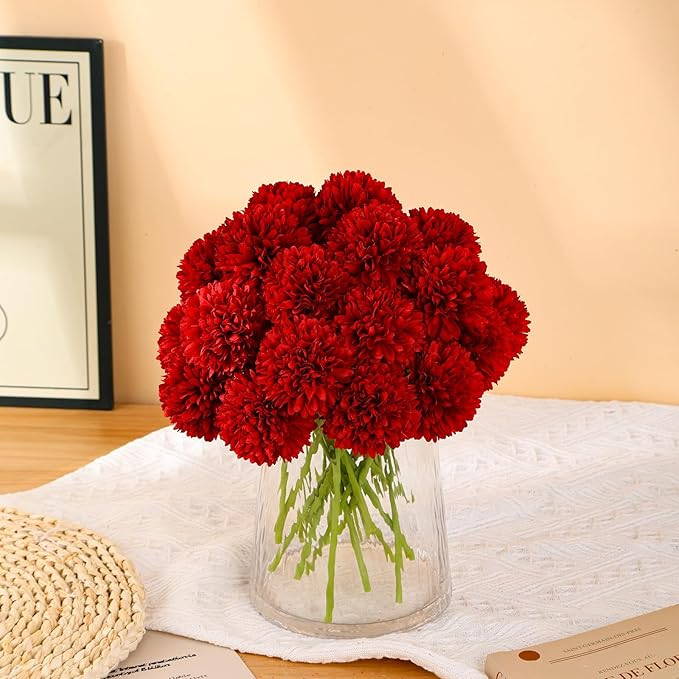 Kimura's Cabin 20pcs Fake Mums Flowers Artificial Silk Chrysanthemum Hydrangeas Ball for Wedding Arrangements Home Kitchen Party Table Centerpieces DIY Bouquets (Red)-Ruum Studio Home