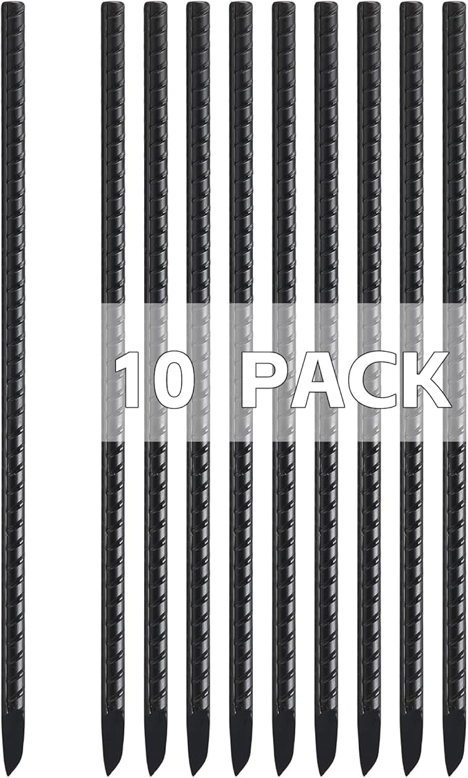 Rebar Stakes 16 Inch, 10 Pack Ground Stakes Heavy Duty with Chisel Point, Straight Metal Stakes for Concrete Form, Landscaping, Camping Tent or Timber, Black-Ruum Studio Home