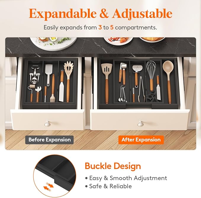 Lifewit Utensil Organizer for Kitchen Drawer, Expandable Cooking Utensil Tray, Bamboo Cutlery Silverware Flatware Holder, Adjustable Spatula Tools and Gadgets Storage Divider, Large, Black-Ruum Studio Home