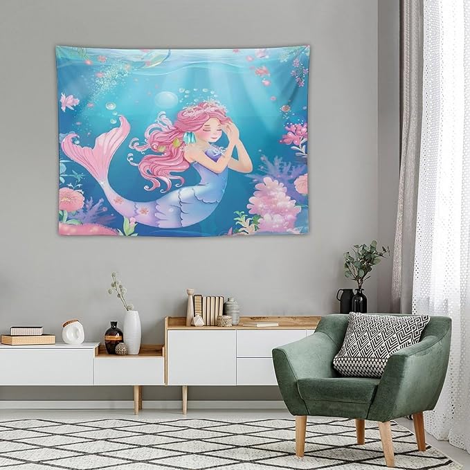 HZOHNAGO Mermaid Girls Tapestry Watercolor Flowers Mermaid Princess Blessing Pattern for Kids Room Decoration Printed Wall Tapestry Wall Hanging for Bedroom Living Room Dorm 40" W x 30" H-Ruum Studio Home