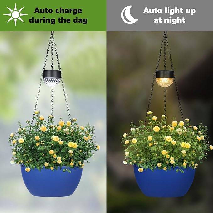2 Packs Solar Hanging Basket Planters for Plants Outdoor, Self Watering Blue Flower Plants Pots with Solar Light Drainer for Balcony Patio Garden Outdoor Decoration-Ruum Studio Home