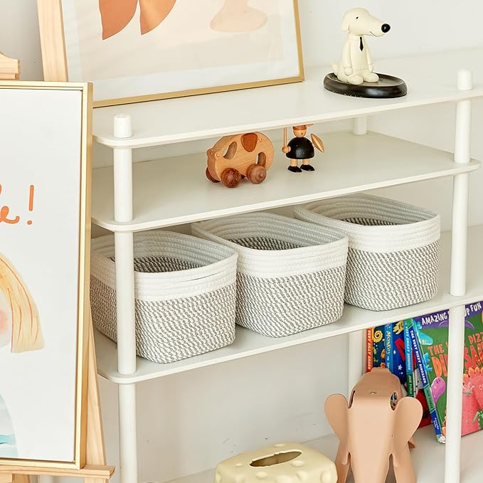 Small Cotton Rope Storage Basket Set of 3-11"x7"x7" Perfect Woven Baskets for Storage, Ideal Storage Baskets for Organizing Toys, Towels, and More - Baskets for Shelves（White & Mixed Grey）-Ruum Studio Home