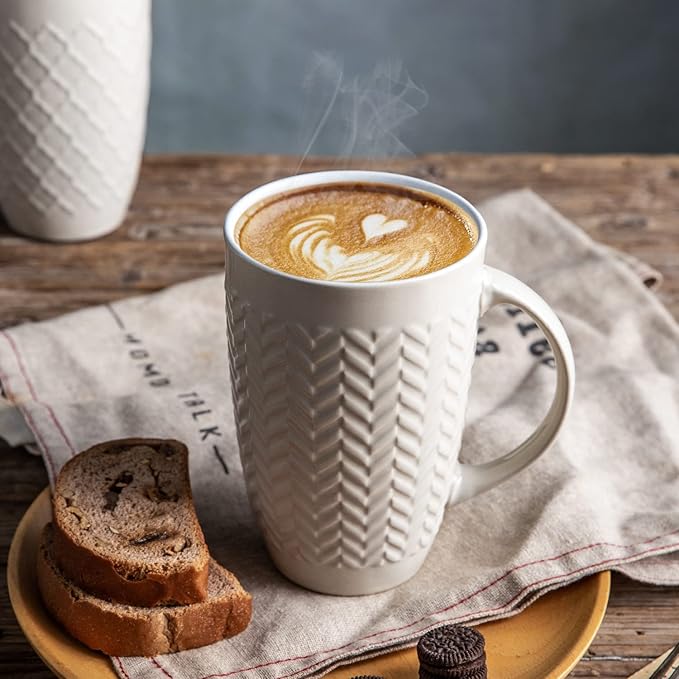 AmorArc Extra Large Coffee Mugs Set of 6, 20oz Ceramic Tall Coffee Mugs Set with Textured Geometric Patterns for Coffee/Tea/Beer/Hot Cocoa, Dishwasher & Microwave Safe,Beige-Ruum Studio Home