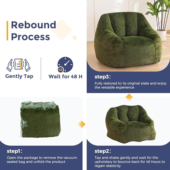 MAXYOYO Bean Bag Chair, Comfy Bean Bag Sofa with Back Support, Faux Fur Bean Bag Chair for Adults and Kids, Stuffed Floor Sofa for Living Room, Bedroom, Apartment, Green-Ruum Studio Home