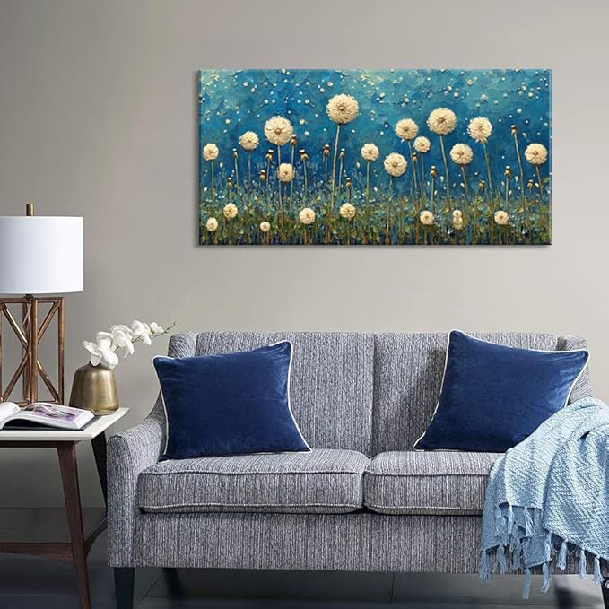 LASMOND Teal Dandelion Wall Art for Living Room Abstract Blowball Canvas Painting Prints Large Flower Floral Grassland Bedroom Decoration Modern Artwork Decor (46x23 Inches)-Ruum Studio Home