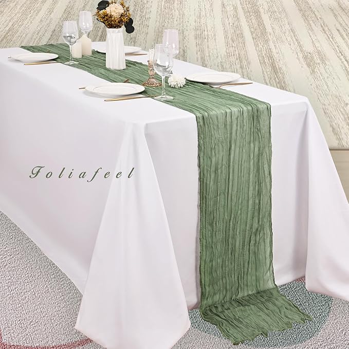 12 Pack Sage Green Cheesecloth Table Runner 10FT Rustic Gauze Fabric Cheese Cloth Table Runner for Wedding Bridal Baby Shower Table Decor 20 x 120 Inch Long Boho Sheer Birthday Party Table Decorations-Ruum Studio Home