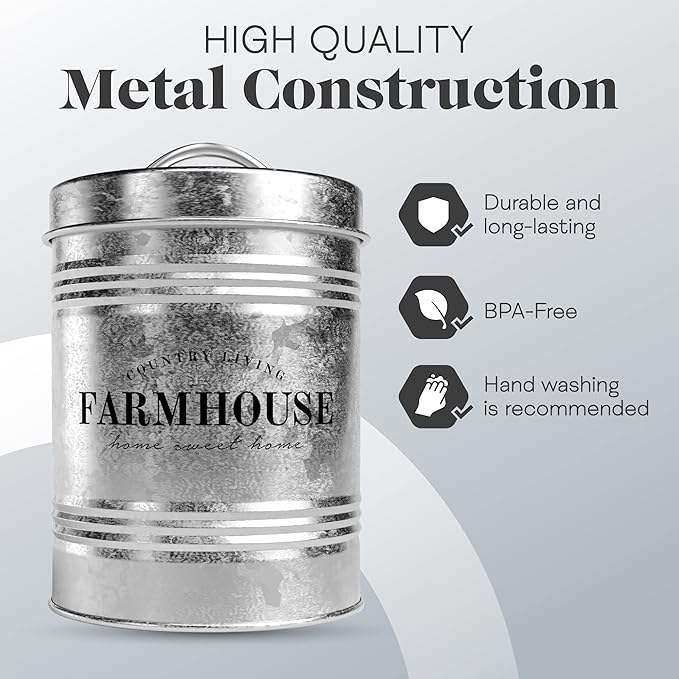 Amici Home Farmhouse Galvanized Canister | Dry Food Storage Container | Airtight Lid | 76 Oz Capacity | Farmhouse Décor | Rustic Metal Canister for Kitchen Countertop-Ruum Studio Home