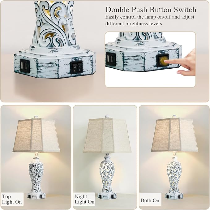 25'' Farmhouse Table Lamps Set of 2 for Living Room Bedroom, 2 USB Ports Rustic Vintage Nightstand Table Lamp with Nightlight, Hollow Out Resin Lamp for End Table (Bulbs Included)-Ruum Studio Home