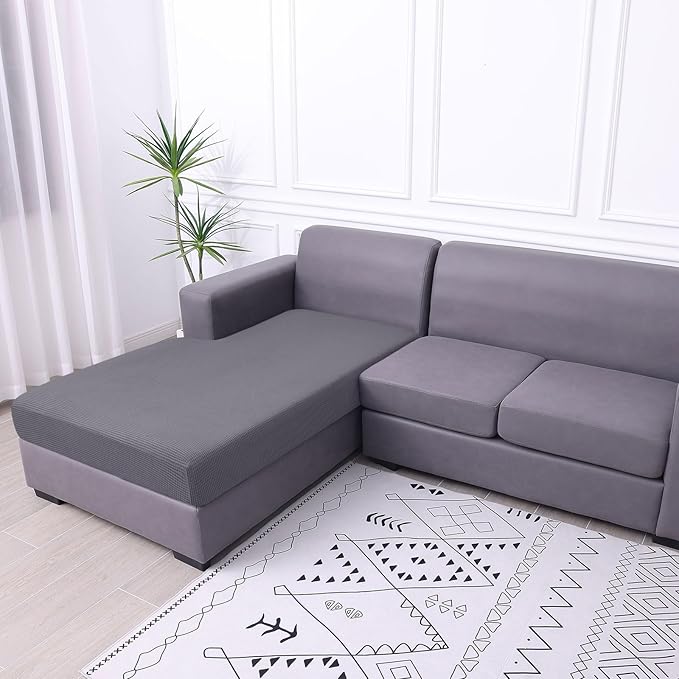 hyha Waterproof Sectional Couch Covers, Non Slip Sofa Couch Cushion Covers L Shape, Thick Stretch Jacquard Fabric, Washable Sofa Slipcovers with Elastic Bottom (1 Piece for Chaise, Middle Grey)-Ruum Studio Home