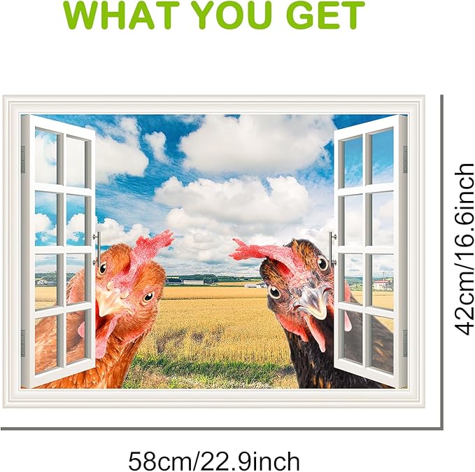 Funny Chicken Wall Stickers Peel and Stick - 2 Hens Head Looking Inside from Window - Cute Chicken Wall Decals Removable - Chicken Lover Gifts Wall Decor for Bedroom Farmhouse Kitchen Dorm-Ruum Studio Home