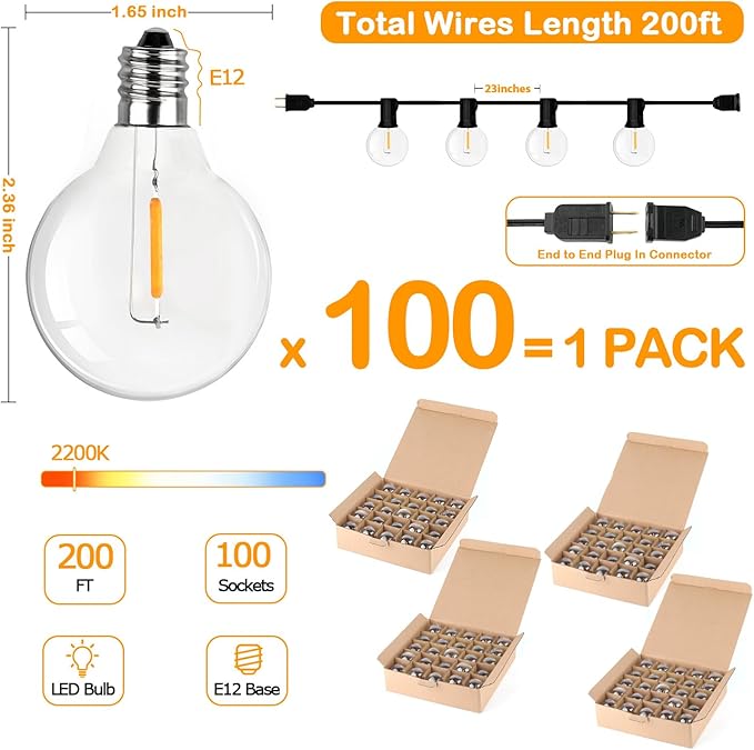 200FT LED Outdoor String Lights with 100+4 Bulbs, Shatterproof Waterproof Patio String Lights for Outside, Connectable 2200K Dimmable Commercial Hanging Light for Christmas Backyard Cafe Garden Bistro-Ruum Studio Home