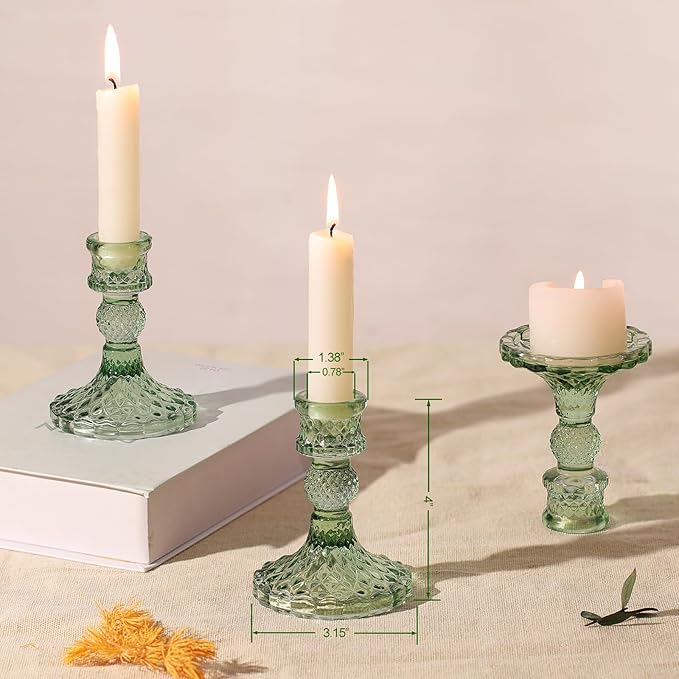 12Pcs Green Candlestick Holders Set- 4" H Taper Candle Holders Bulk, Glass Candle Holders for Wedding, Party, Romantic Dinner Table Centerpieces, Festival Gifts & Windowsill Decor-Ruum Studio Home