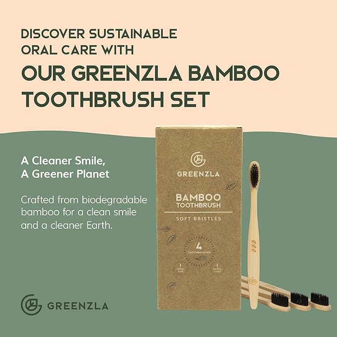 Greenzla Bamboo Toothbrushes, Wooden Toothbrush Set with Soft Bristles, Includes Travel Case and Charcoal Dental Floss, 4 Pack-Ruum Studio Home