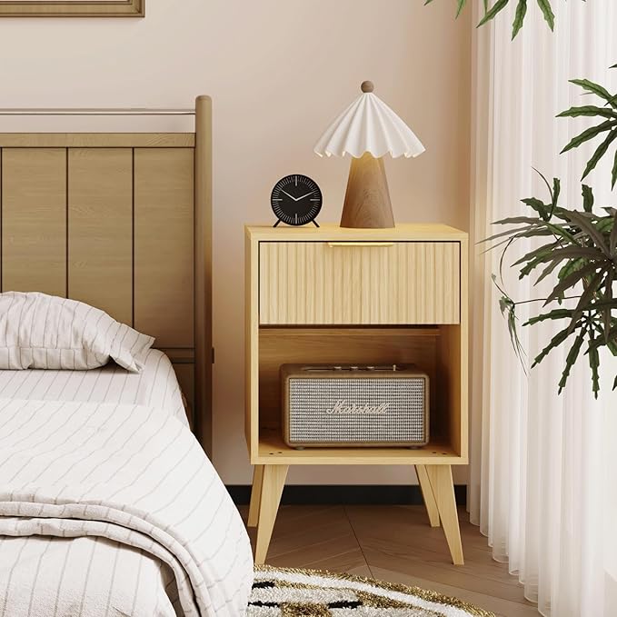 Fluted Night Stand with Opening Storage,Mid Century Bedside Table with Drawer,Wood Nightstand with Solid Wood Legs,End Table Side Table for Living Room,Bedroom,Natural CTG56Y-Ruum Studio Home