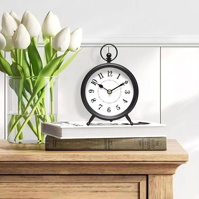 Vintage Black Table Clock on Stand, Decorative Desk and Shelf Clock，Decorative Battery Operated Table Top Clock for Living Room，Silent Non-Ticking(Small)-Ruum Studio Home
