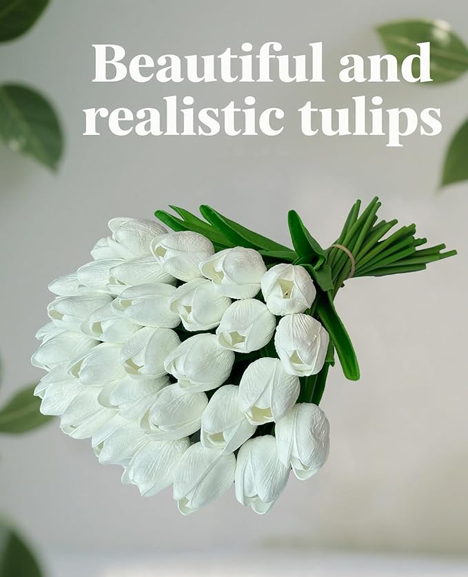 15pcs White Tulips PU Artificial Flowers Real Touch Fake Tulips for Spring Easter Home Kitchen Wedding Bouquet Bulk Mother's Gift Day Decorations-Ruum Studio Home
