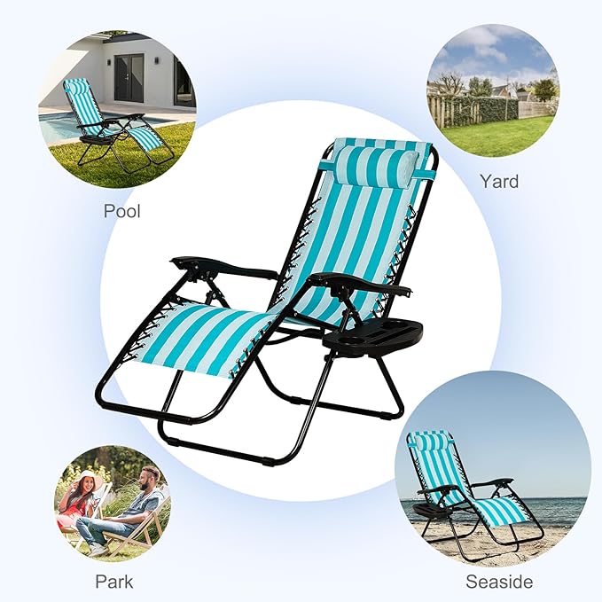 Nazhura Set of 2 Relaxing Recliners Patio Chairs Adjustable Steel Mesh Zero Gravity Lounge Chair Beach Chairs with Pillow and Cup Holder (Light Blue Stripe)-Ruum Studio Home