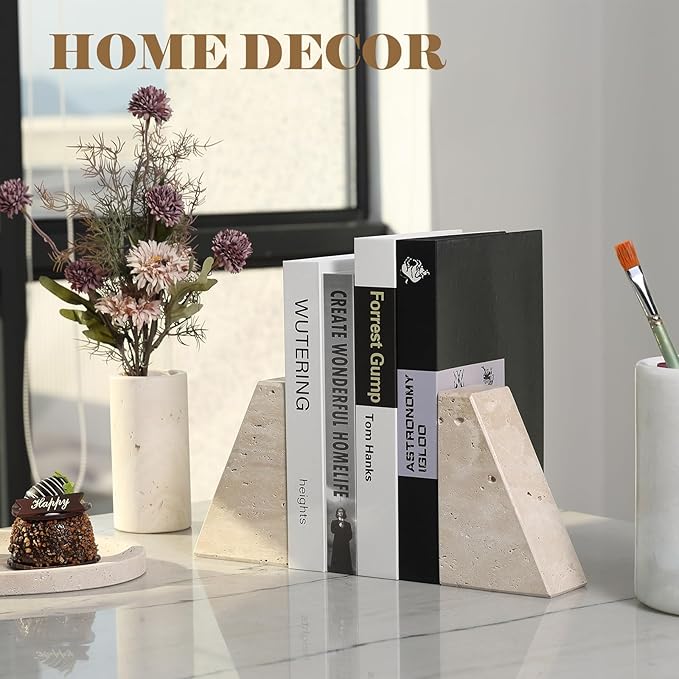 Travertine Bookends for Heavy Books, Marble Decorative Bookends for Shelves, Heavy-Duty Stone Book Ends for Hardback Book & Cookbooks, Unique Book Stopper & Holder, Travertino Italy-Ruum Studio Home
