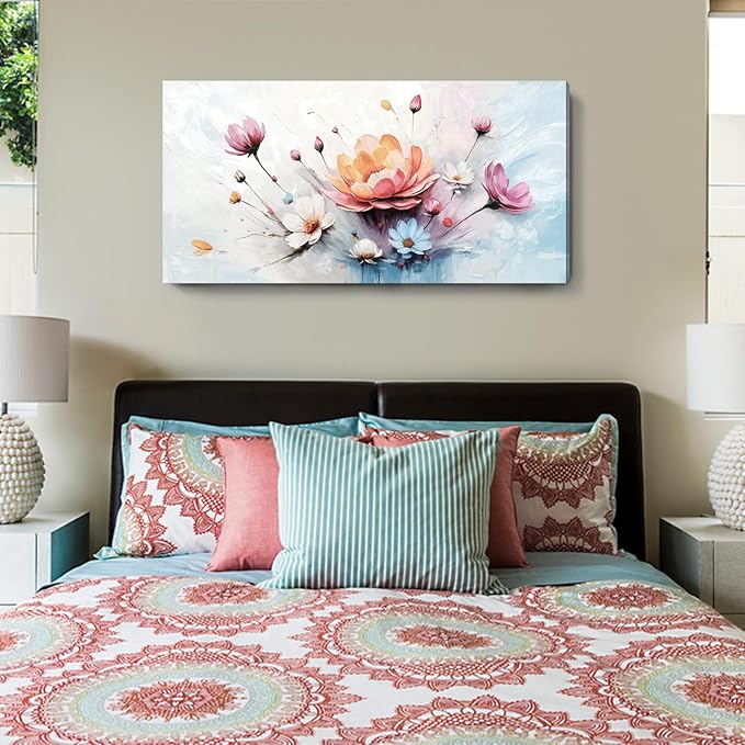 amatop Large Floral Wall Art – Modern Pink White and Blue Abstract Colorful Flower Bouquet Print Large Botanical Canvas Picture Nature Artwork Wall Decor for Living Room Bedroom Office 48x24 inch-Ruum Studio Home