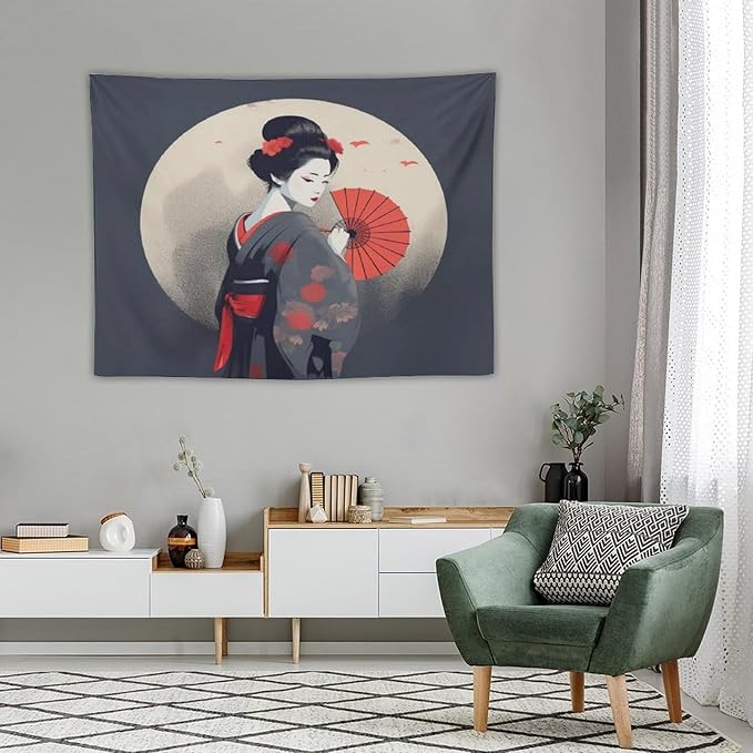 Japanese Woman Geisha Tapestry Asian Red Cherry Blossom Red Sun Traditional Kimono Folk Tapestries Home Decor for Living Room Bedroom Apartment Farmhouse Dorm 40"x30"-Ruum Studio Home