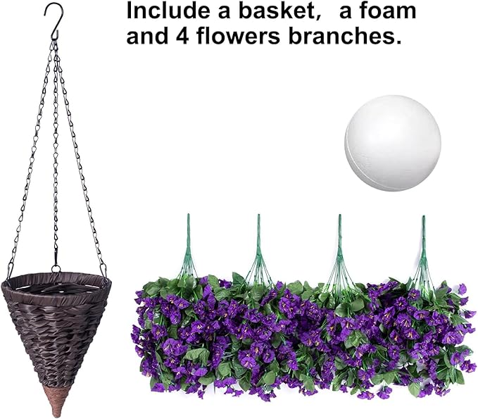 Artificial Faux Hanging Flowers Plants Basket for Outdoor Outside Porch Decoration, UV Resistant Fake Silk Purple Morning Glory Trailing Vines Realistic for Summer Home Balcony Yard Patio-Ruum Studio Home