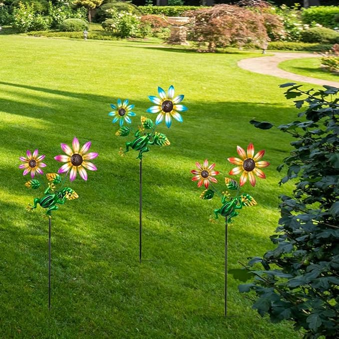3 Pack Frog＆Flowers Garden Stakes Decor,Metal Yard Art Decorative Garden Stakes,Metal Flowers Spring Outdoor Decor for Mom,Women,Grandma-Ruum Studio Home
