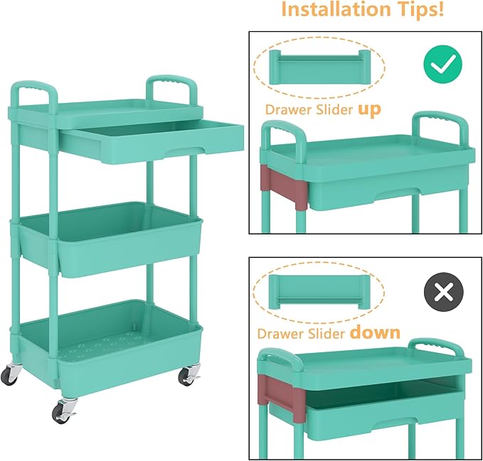 Calmootey 3-Tier Rolling Utility Cart with Drawer,Multifunctional Storage Organizer with Plastic Shelf & Metal Wheel,Storage Cart for Kitchen,Bathroom,Living Room,Office,Green-Ruum Studio Home