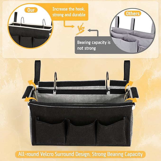 Bedside Caddy Bedside Organizer Bedside Storage Caddy with Fixed Straps and Water Bottle Holder for Home College Dorm Bunk Bed Hospital Bed Crib Bed Rails (Black)-Ruum Studio Home