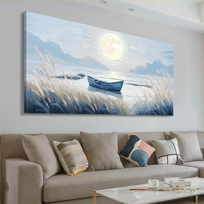 Oversized Large Living Room Wall Art, Blue Wall Decor for Bedroom, Modern Nautical Ocean Beach Seascape Nature Picture Sailboat Moon Lake Mountain Canvas Print Relaxing Serene Coastal Rustic Artwork-Ruum Studio Home