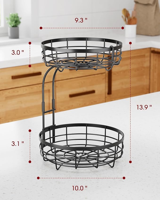 Fruit Basket for Kitchen Counter - 2-Tier Large Capacity Fruit Bowl with Detachable Banana Hanger, Rust-Proof Metal Fruit Holder for Vegetables, Bread, Toiletry,10" D x 10" W x 14" H, Black-Ruum Studio Home