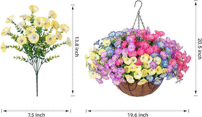 Artificial Faux Hanging Plants Flowers Basket for Outdoors Spring Summer Decoration, Silk Morning Glory Eucalyptus Look Real UV Resistant Fake Flowers for Porch Outside Patio Balcony Yard Home Garden-Ruum Studio Home