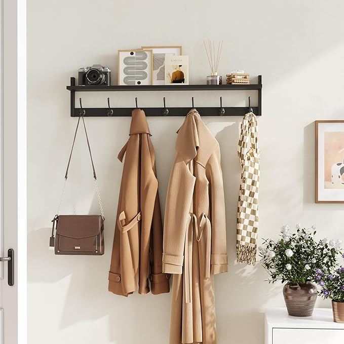 BAMEOS 35 Inch Wall Hooks With Shelf - Entryway Hanging Wood Coat Rack With 7 Dual Hooks for Bathroom, Living Room, Bedroom (Black)-Ruum Studio Home