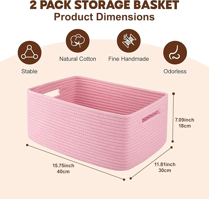 OIAHOMY Storage Basket for Shelves, Closet Cube Storage Bins Baskets for Clothes Blanket Towels, Baby Nursery, Toy Baskets Box, Woven Rope Basket, 15.75*11.81*7.09 IN, 2 Packs Pink-Ruum Studio Home