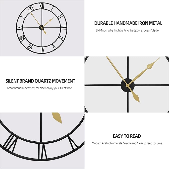 LEIKE 40 Inch Extra Large Modern Wall Clock, Oversize Rustic Round Nearly Silent Battery Operated, Black Metal Roman Numerals Wall Clocks for Living Room, Bedroom, Entrance Home Decor-Ruum Studio Home