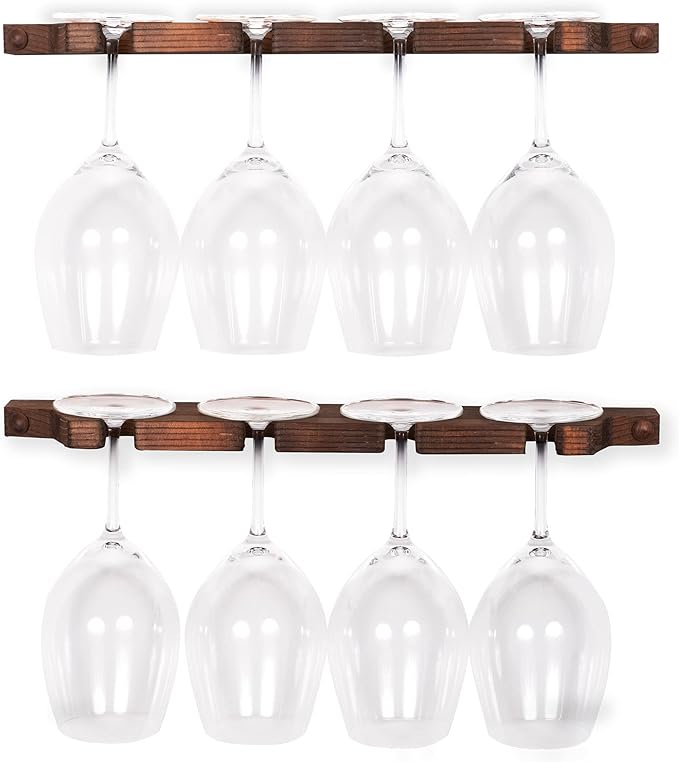 Rustic State Suvla Wall Mounted Wood Stemware Rack Hanging Shelf Glassware Holder Bar Organizer with 8 Wine Glass Storage 17 Inch Long Walnut-Ruum Studio Home