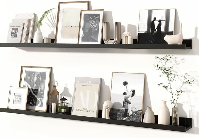 Fun Memories Picture Ledge Shelves Set of 2, 48 Inch Rustic Wall Mounted Floating Shelves with Lip for Home Storage and Décor in Bathroom, Kitchen, Nursery, Bedroom, Living Room, Black-Ruum Studio Home