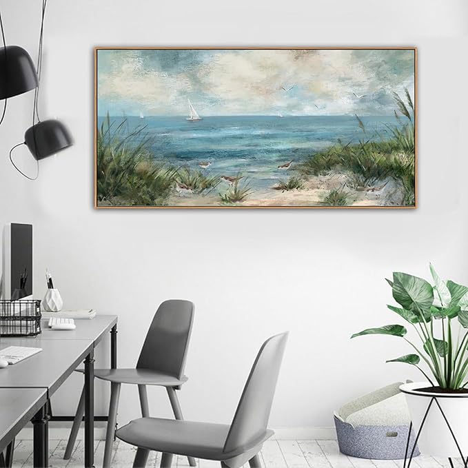 Sea Beach Framed Canvas Wall Art Vintage Seascape Canvas Prints Wall Decor Ocean Sailboat Seagull Canvas Pictures Beach Bird Reed Canvas Painting Artwork Living Room Bedroom Decoration 29" X 58"-Ruum Studio Home