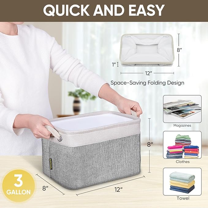BALEINE 4 Pack Fabric Storage Bins for Shelves, Linen Storage Baskets for Organizing, Decorative Closet Bins for Clothes, Home (Grey, 12"x8"x8")-Ruum Studio Home