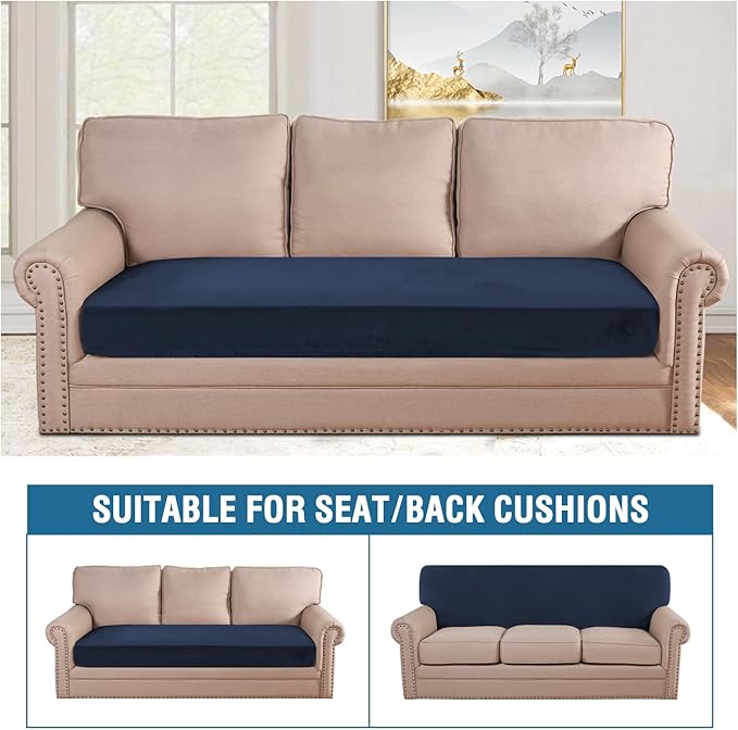 H.VERSAILTEX Velvet Stretch Individual Couch Cushion Cover Plush Cushion Slipcover for Loveseat Sofa Cushion Furniture Protector Seat Cushion Sofa Cover (1 Piece Sofa Cushion Cover, Navy)-Ruum Studio Home