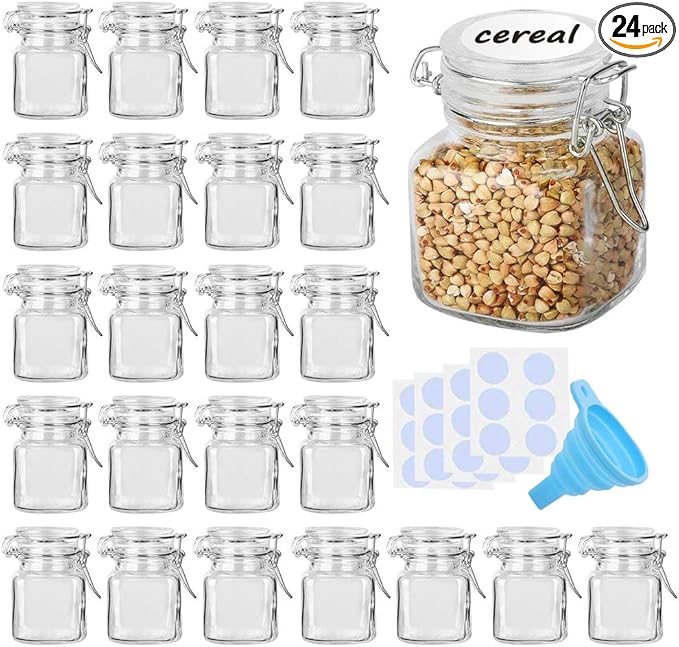 Spice Jars, 24 Pack 4oz Small Glass Jars with Airtight Hinged Lid, With 24 Spice Labels & Silicone Funnels, Airtight Glass Jars for Spices, Condiments Herb Seasoning Art Craft Storage-Ruum Studio Home