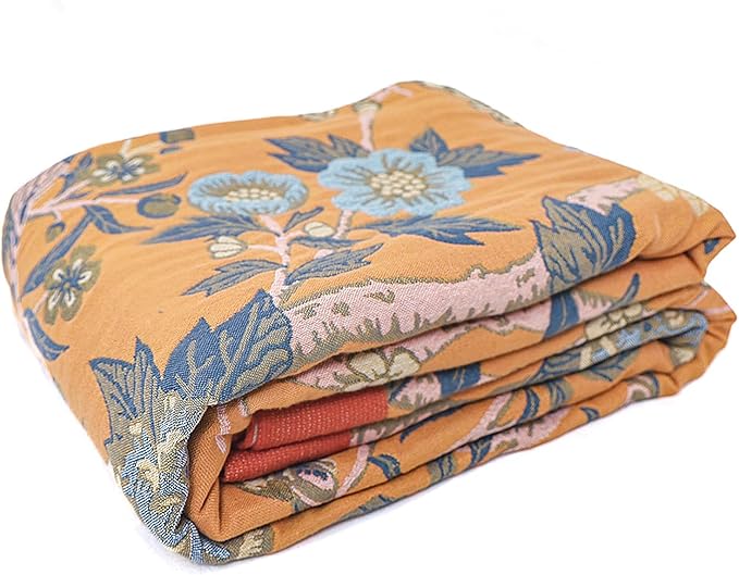 Snycler Boho Throw Blanket for Bed - 100% Cotton Ultra Soft Rustic Quilt Blanket Orange Bird Floral Printed Farmhouse Decor Bed Blankets, 60"×80" All Season Rustic Throw for Sofa Couch Chair-Ruum Studio Home