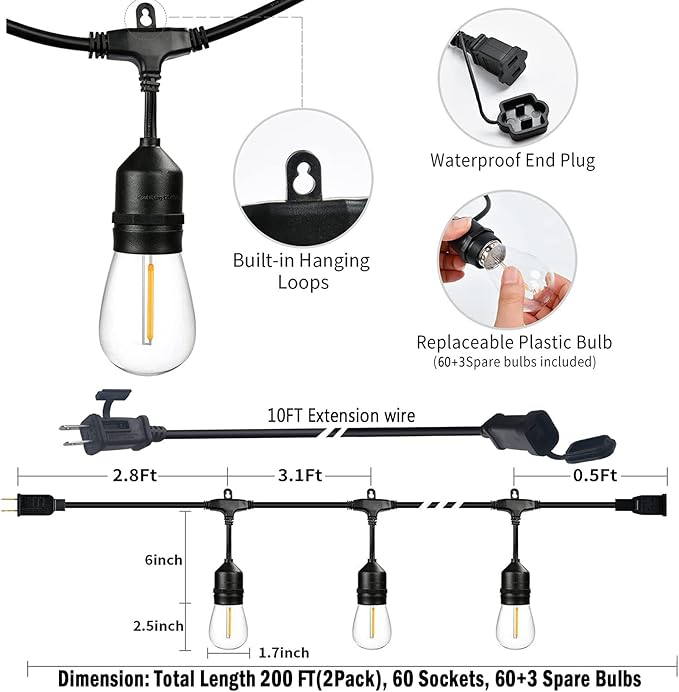 200FT String Lights for Outside LED Patio Lights Outdoor Waterproof with 63 Shatteproof Edison Lights Outdoor String Lights 2200K for Patio Gazebo Pergola Café-Ruum Studio Home