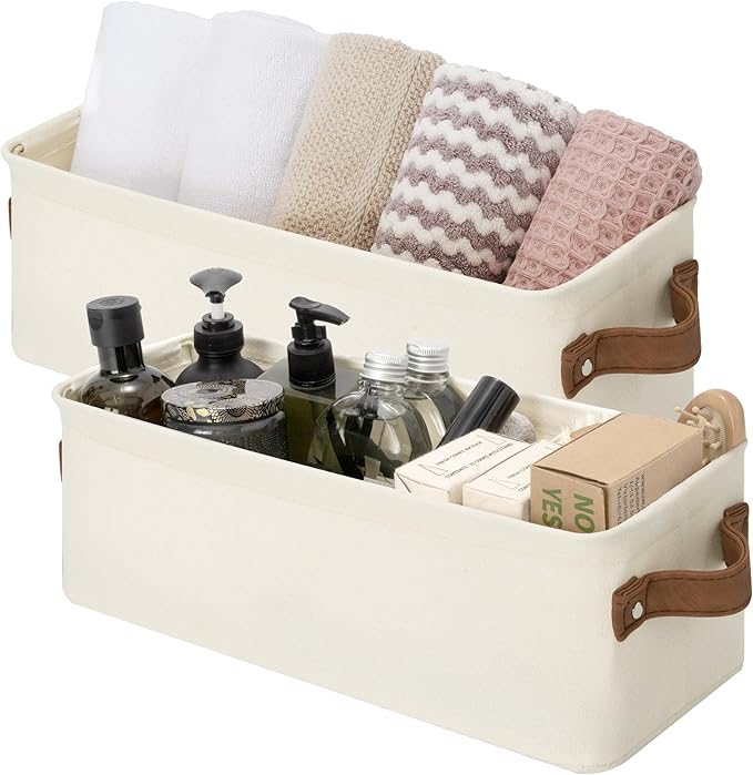 StorageWorks Narrow Storage Bins, Small Basket for Closet and Shelves, Fabric Organizer with Handles, Toilet Paper Storage, Natural Color, 2-Pack-Ruum Studio Home