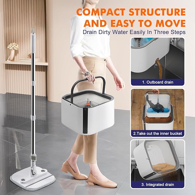 KZKR Spin Mop and Bucket Set with Self Separation Dirty and Clean Water System, Self Wringing 360° Rotating Square Mop Head for Home Floors Cleaning (2.0 Mop and Bucket Set (6 Pads) Ship by Amazon)-Ruum Studio Home