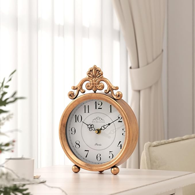 Vintage Gold Table Clock, Desk and Shelf Mantel Clock, French Rustic Antique Style Decor Clocks, for Farmhouse, Bedroom, Living Room, Bedside, Gift (9" H x 6.3" W)-Ruum Studio Home