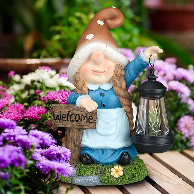 Solar Large Gnome Garden Statue with Welcome Sign Outdoor Decor with LED Lantern Funy for Porch Yard Patio Lawn Ornament Christmas Housewarming Gardening Gift-Ruum Studio Home