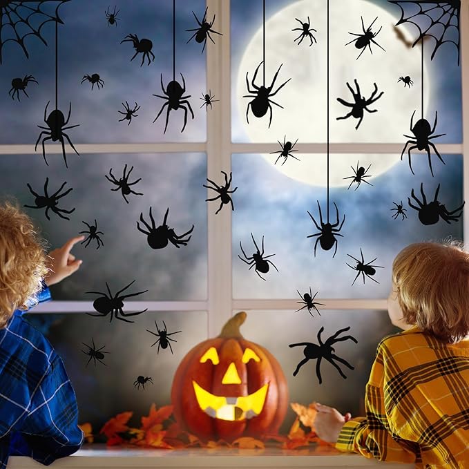 4 Sheets Spider Window Clings - Double-Sided Removable Glass Decals, Halloween Themed Window Stickers for Kids Party Decorations-Ruum Studio Home