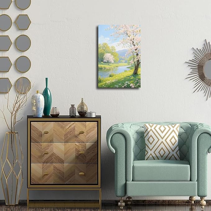 The scenery of a stream between trees and cherry blossoms under the blue sky is suitable for posting in the living room bedroom office landscape posters-Ruum Studio Home
