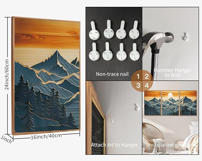 Tinonedraw Vintage Mountain Framed Canvas Wall Art Set of 3, Boho Nature Wilderness Art Prints, Mid Century Modern Ridge Scenery Wall Decor, Sunrise Forest Woodcut Style Art Paintings for Living Room Bedroom, Office 16"x24"-Ruum Studio Home