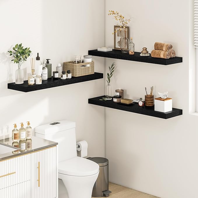 Black Floating Shelves for Wall 36 Inches Long, 12" Deep Wall Shelves 2" Thick, Heavy Duty Shelf for Bedroom, Bathroom, Living Room, Kitchen, Office, Home Decor, Modern Shelf Set of 2, 36" X 12" X 2"-Ruum Studio Home